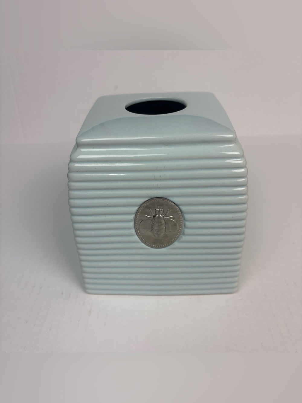 Bee Hive Ceramic Tissue Cover Light Blue Silver Coin Emblem Bathroom Home Decor